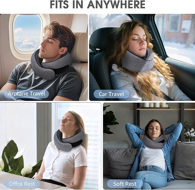 Neck Travel Pillows for Airplanes Memory Foam Neck Comfort Pillow Compact Ergonomic Design Sleeping Essentials for Long Flights Car Rides and Home Use (Grey)