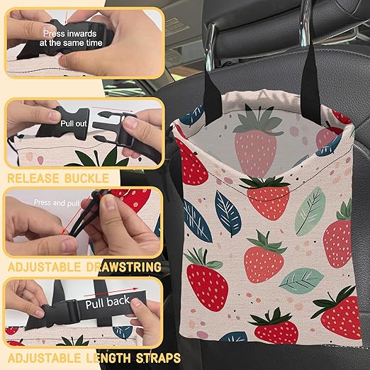 Cartoon Strawberry Car Garbage Bag, Small Car Trash Bag Hanging,Drawstring Car Garbage Bag with Adjustable Buckle for Car Back Seat,SUVs,Camping,Road Trips