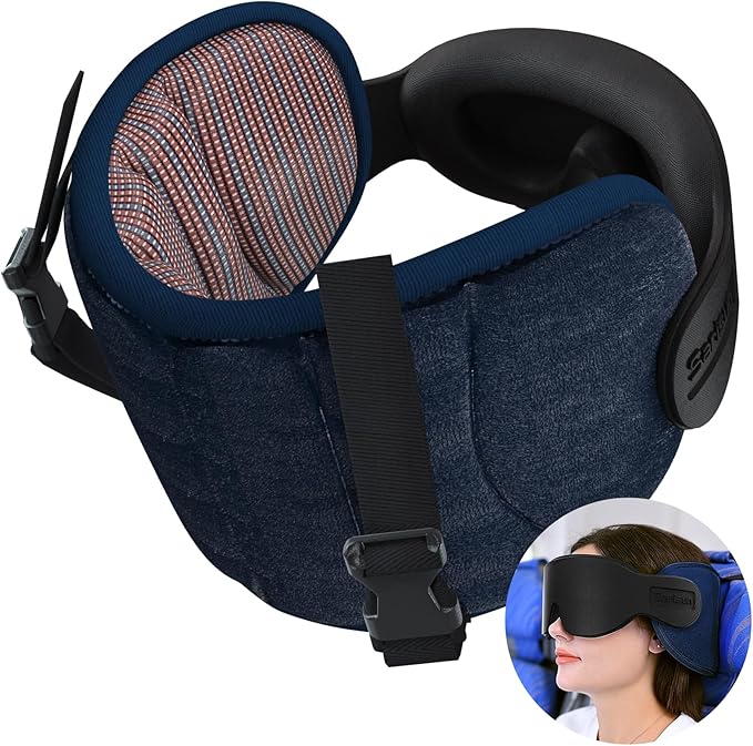 Travel Pillows for Airplanes, Airplane Pillow for Long Flight Car Road Trip, Airplane Head Strap with Sleep Eye Mask, 360° Support Headrest, Stop Bobblehead Travel Neck Pillow, Mottled Red