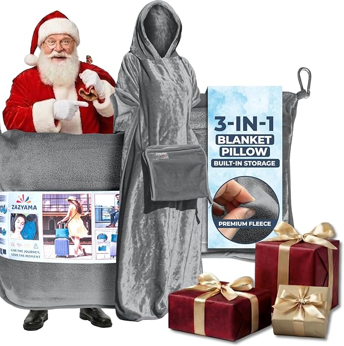 3-in-1 Travel Blanket Airplane – Compact with Bag & Pillow Combo Set, Gray Ultra-Soft Fleece | Packable Blanket Compact | Hidden Pocket | Trolley Sleeve | Carabiner | Travel Essentials