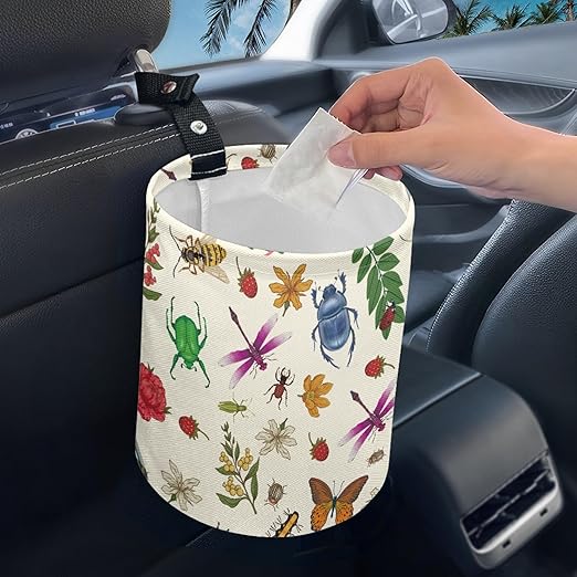 Cute Car Trash Can Flowers Insects Print Automotive Accessories for Interior Organizer Truck SUV RV Vehicle Home Office Small Portable Hanging Garbage Bags