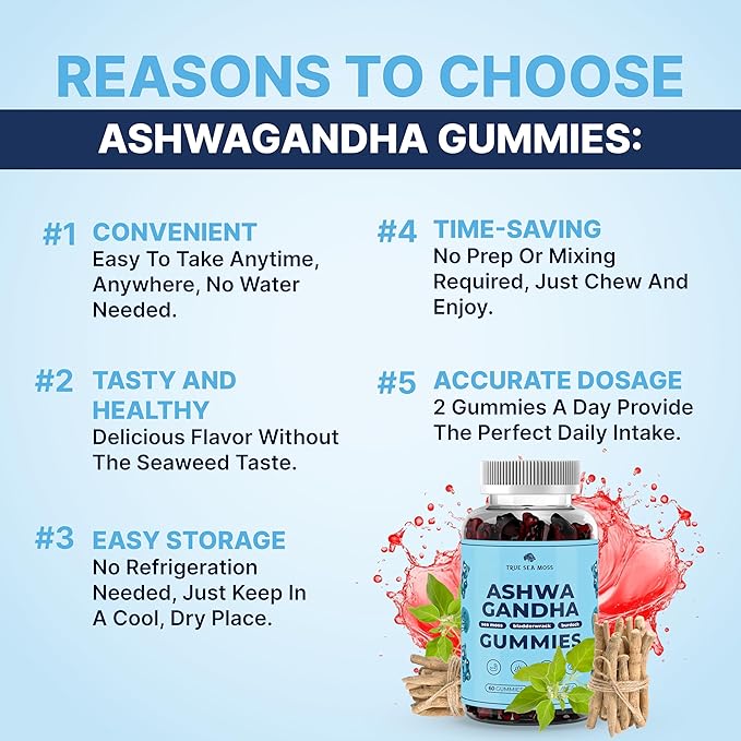 TrueSeaMoss Sea Moss Gummies with Ashwagandha, Burdock Root & Bladderwrack – for Adults & Kids 4+, Fruity Flavor – 60 Gummies