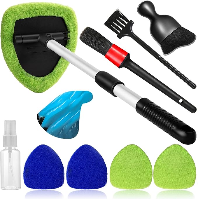 10pcs Windshield Cleaner Tool, Car Window Cleaning Wash Kit with 4 Reusable Microfiber Pads 1 Spray Bottle and Extendable Handle Auto Glass Wiper Kit, Blue&Green