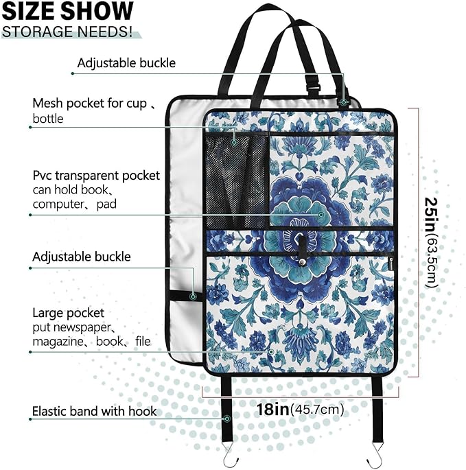 1 Pack Back Seat Car Organizer with Storage Pockets Kick Mats Back Seat Protector Hanging Car Organizer Automotive Seat Back Cover Organizers Floral Blue and White Vine