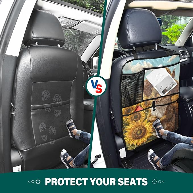 Sunflower Squirrel 1 Pack Backseat Car Organizer with Storage Pockets Seat Back Organizers for Kids Kick Mats Backseat Protector Automotive