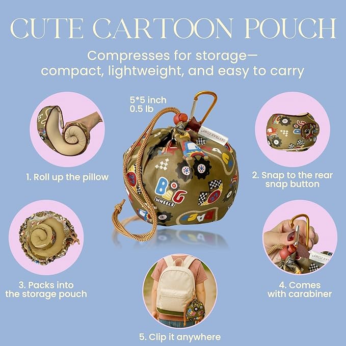 SKYTRAX® Certified Kids Safe Memory Foam Travel Neck Pillow for Kids and Toddlers, Cute Cartoon Design, Car Seat & Airplane Head Neck Support, Adjustable Snap Button, Washable Soft Cover (Racecar)