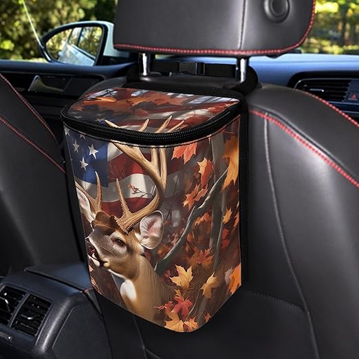 Camo Deer Car Trash Can American Flag Trash Bin with Zip Closure Hanging Vehicles Boat Camping Picnic Storage Organizer Bag Automotive Accessories
