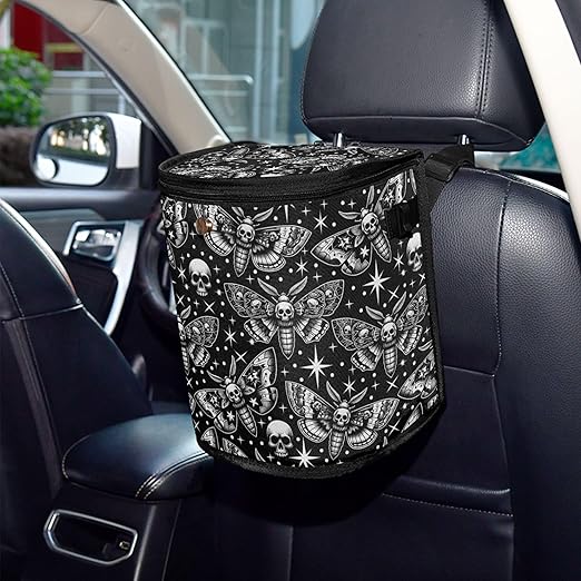 MNSRUU Car Trash Can with Lid, Digital Skull Head Moth Car Trash Bag Hanging Organizers and Storage for Front Back Seat, Leak-Proof Trash Bin