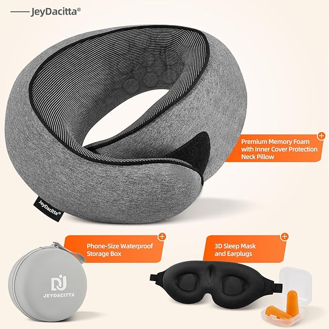 Premium Travel Pillow, Upgraded Memory Foam Neck Pillow, 360° Ergonomic Design Airplane Pillow Travel Pillows for Airplanes, Cars, Offices, Home Use, Ideal for Adults and Kids (Dark Gray)