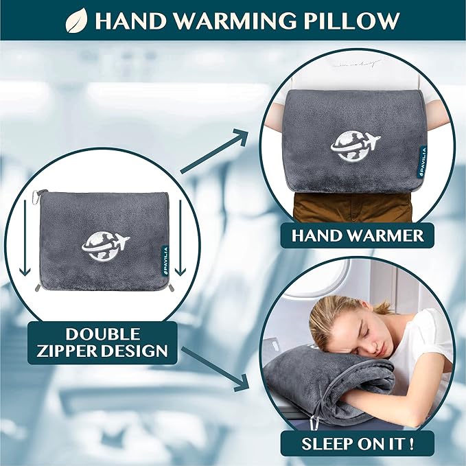 PAVILIA Travel Blanket and Pillow, Arms Opening Airplane Blankets for Adults, Compact Plane Blanket with Arm Hole 2-in-1 Bag for Flight Car Camping Fit in Luggage Backpack Traveler Gift, Dark Gray