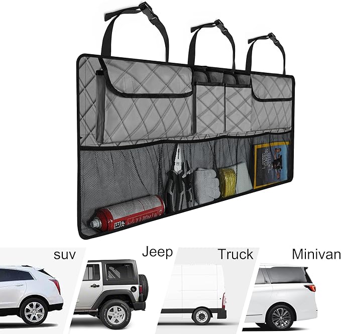 Femuar Car Trunk Organizer, Large Capacity Backseat Trunk Organizer (42"*18"), Collapsible Car Storage Bag with 8 Pockets, SUV/MPV/Truck - Grey