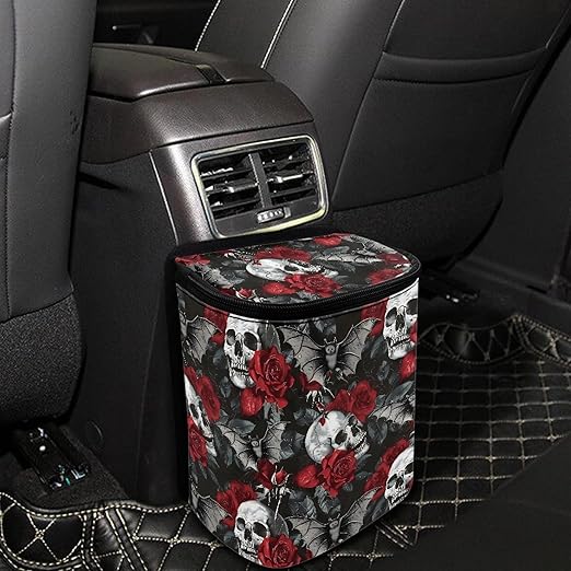 Gothic Skull Car Trash Bags for Back Seat Rose Auto Hanging Trash Can with Lid Car Trash Bag Storage Organizer Universal Automobile Interior Accessories
