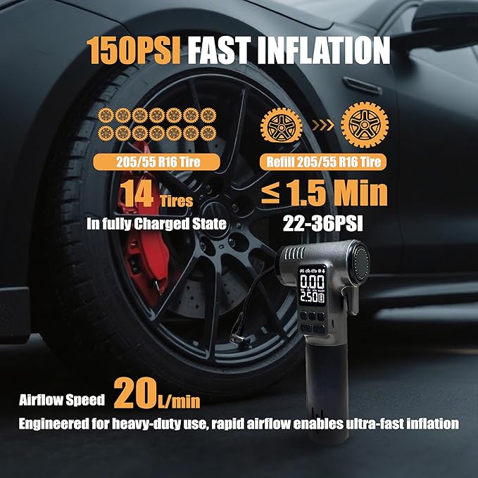 Tire Inflator Portable Air Compressor, Digital Pressure Gauge & Auto Shut-Off, Portable emergency tool as LED light, safety hammer & seatbelt cutter, for Car, Bike, Ball, Motor