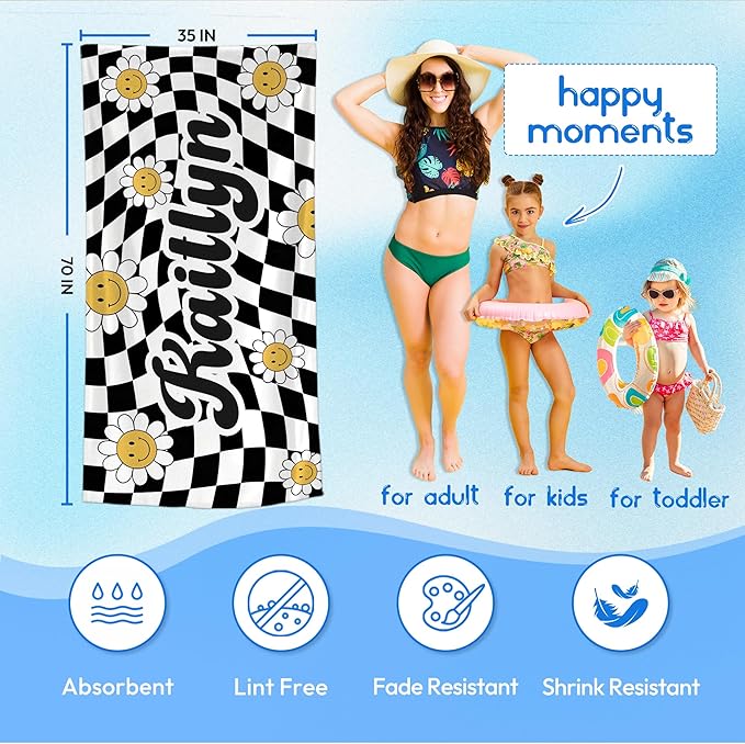 JML Personalized Beach Towel with Name, Custom Flower Beach Towel, Customized Microfiber Pool Towel, Quick Dry & Absorbent Swim Towel for Adult,Mother's Day, Birthday, Summer Holiday,Vacation