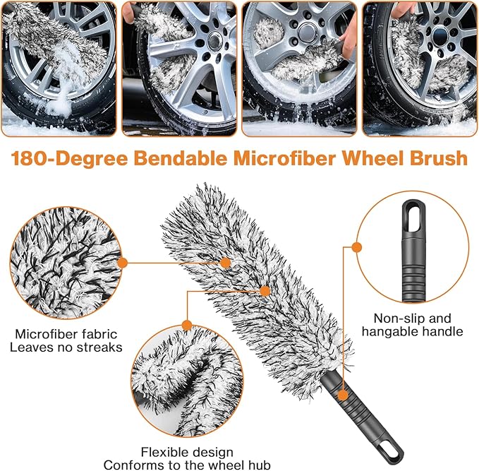 Preciva 5PCS Car Wheel & Tire Brush Kit -Car Cleaning Kit, Wheel Cleaner Brush, Soft-bristled Rim Brush, Car Drying Towel, Car Detailing Cleaning Wash Brush Supplies Kit for Interior Exterior Wheels