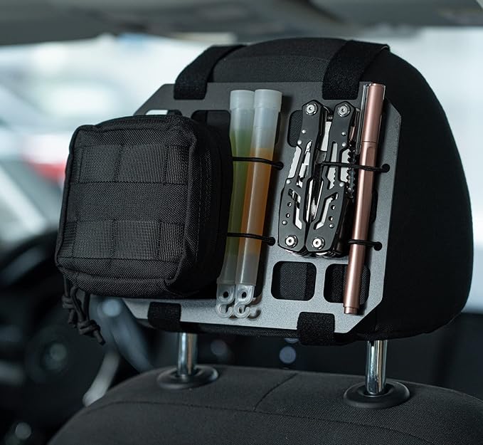 TACNEX Vehicle Rigid MOLLE Panel Car Seat Headrest Organizer EDC Pouch Tool Holster Bag Holder Auto Interior Accessories Tactical Gear Rack Truck Equipment Mount Plate Modular Storage Shelf