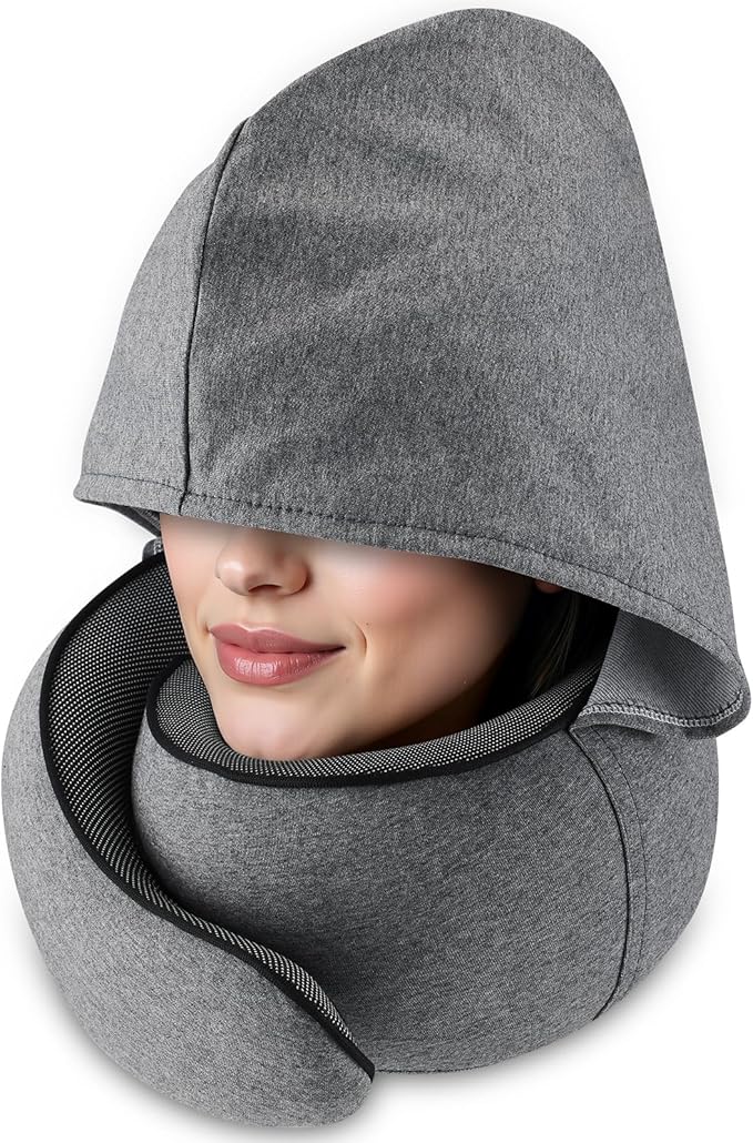 Travel Pillow with Hood (Dark Gray) - for Airplane Travel and Car Ride Nap, Foldable Hood, Slow-Rebound Memory Foam, 360 Ergonomic Design, Compact and Portable in Travel Bag