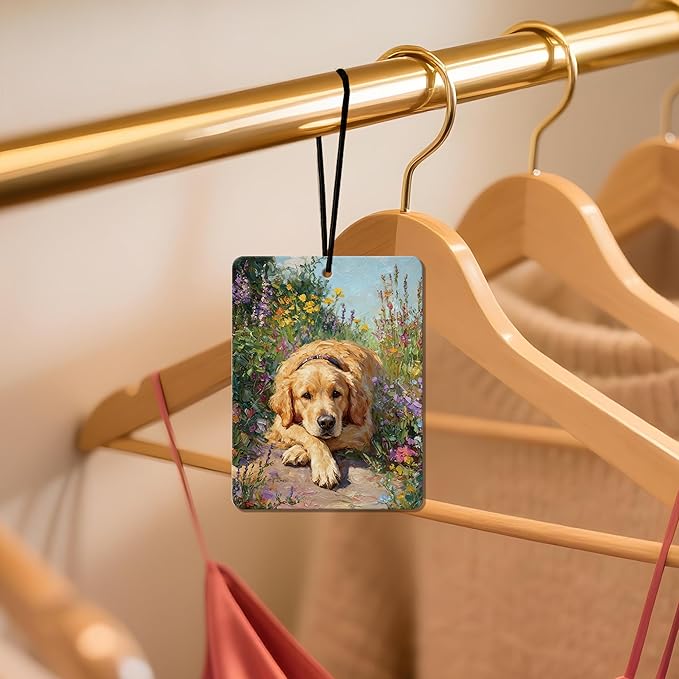 Vintage Golden Retriever Floral Air Freshener 4Pcs, Artistic Dog & Flower Field Air Freshener for Car Interior, Closet, Drawer, Books, Car Mirror Decor Hanging, Gift for Dog Lovers