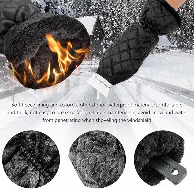 Ice Scraper with Glove, Warm & Waterproof Windshield Ice Scraper Mitt Snow Shovel Glove, Ice Snow Frost Remover Cleaning Tool for Car Window Home, Winter Car Accessories (Black)