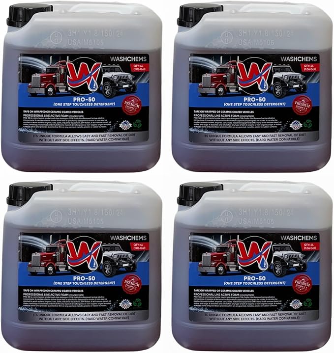Wash Chems Pro 50 Touchless Car Wash Detergent Soap Concentrate No Brushing, Commercial Grade Professional Auto Foam Cleaner Also Great for Trucks & Tractors (4, 1 gallon)