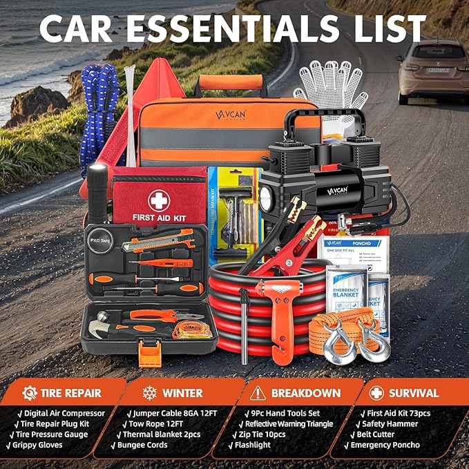 Car Emergency Kit with Portable Air Compressor, First Aid Kit, Jumper Cables, Roadside Safety Emergency Tool Kit for Women, Men, Teen