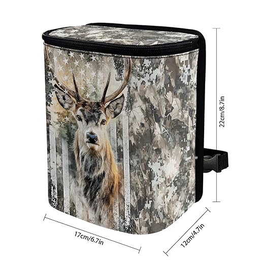 Camo Deer Car Trash Can with Lid USA Flag Car Garage Bag Automotive Garbage Can Reusable Auto Accessories Interior Organizer with Adjustable Straps