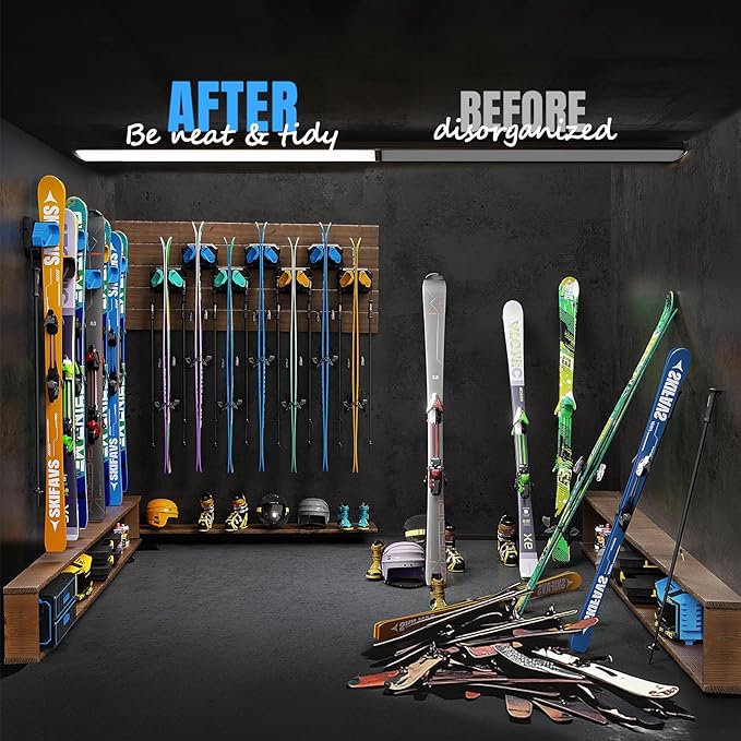 Ski & Snowboard Wall Rack for Garage Wall Fits Any Ski/board, Ski Wall Mount Holders Damage-Free Storage Rack, Garage Organization Space-Saving Winter Gear Organizer, Blue, 6 Pack