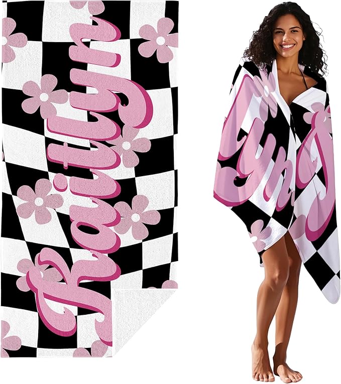 JML Personalized Beach Towel with Name, Custom Flower Beach Towel, Customized Microfiber Pool Towel, Quick Dry & Absorbent Swim Towel for Adult,Mother's Day, Birthday, Summer Holiday,Vacation