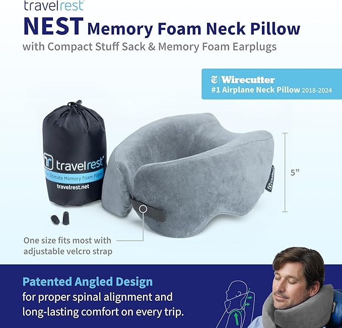 TRAVELREST Nest Neck Support Pillow - Travel Essentials, Memory Foam, Compact Travel Pillow for Long Flights, Plane Sleeping Accessories, Comfortable, Compact, Washable, Attaches to Luggage - Gray