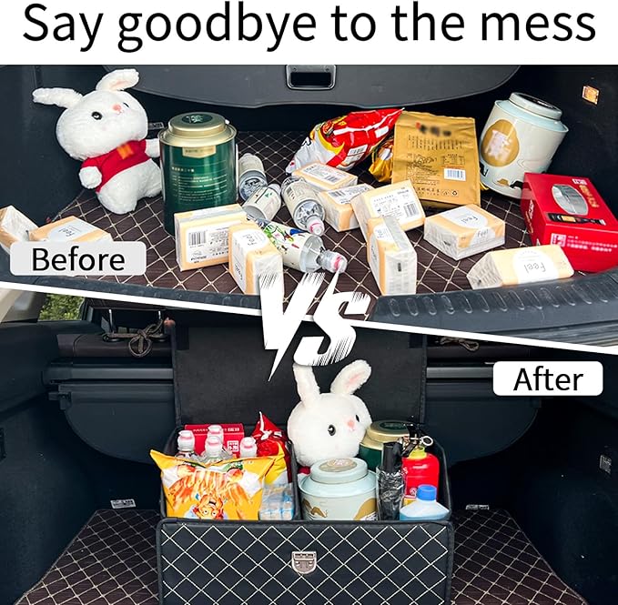 Trunk Organizer for Car With Lid,Foldable Trunk Organizer for SUVs & Sedans,Multi-Functional Leather Storage Box- Black Grid - Small