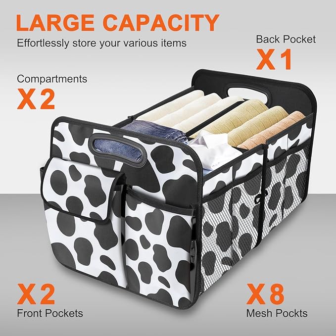 Trunk Organizer for Car, 72L Collapsible Waterproof Car Organizers and Storage, Car Accessories for Women and Men, Multi-Compartment Storage Organizer for SUV, Cow Print