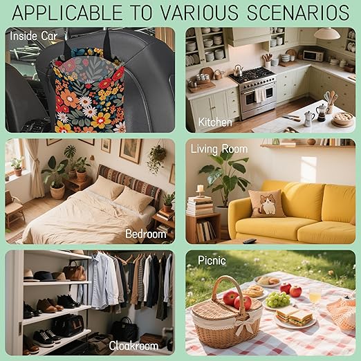 Colorful Flowers Car Trash Bag,Floral Bouquets Hanging Drawstring Car Garbage Bag,Waterproof Canvas Car Back Seat Organizer with Adjustable Buckle,for Vehicles,SUVs,Camping,Road Trips