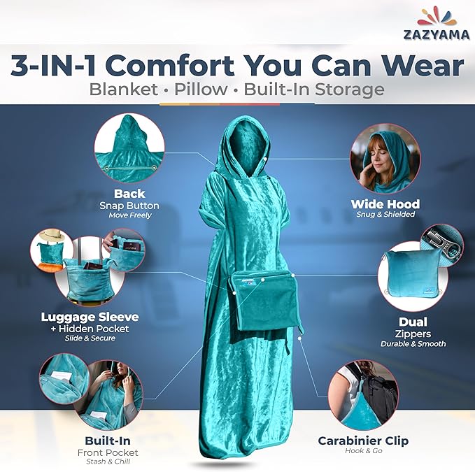 3-in-1 Travel Blanket Airplane – Compact with Bag & Pillow Combo Set, Ultra-Soft Fleece | Packable Blanket Compact | Hidden Pocket | Trolley Sleeve | Carabiner | Travel Essentials (Aqua Teal)
