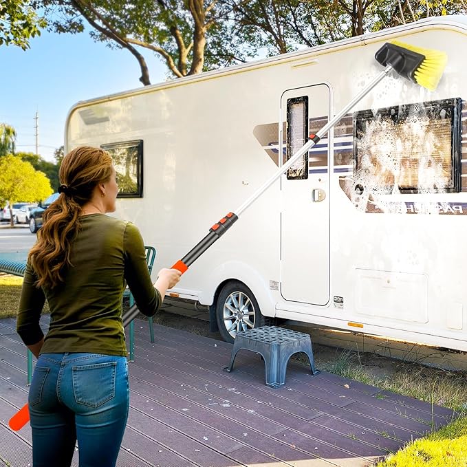 12FT Car Wash Brush with Extension Pole - Telescoping Long Handle Cleaning Tool with Non-Scratch Soft Bristles - Heavy Duty Aluminum Pole for RV, Truck, Boat, Solar Panels & High Windows