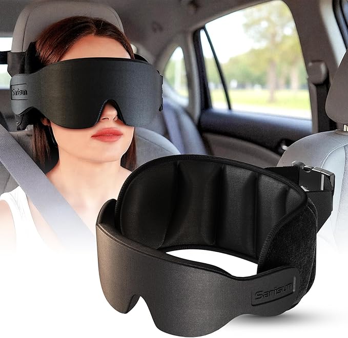 Travel Pillow, Car Travel Pillow with 3D Eye Mask for Sleep, 360° Head Support Strap for All Car Seat, Road Trip Essentials, Stop Bobblehead, Black