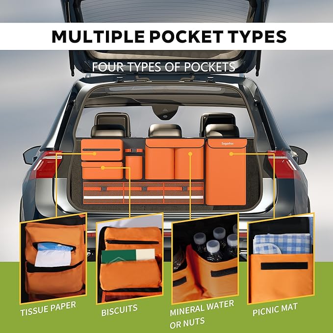 Backseat Hanging Trunk Organizer for SUVs, Cars, Trucks & MPVs | Multi-Pocket Storage with Anti-Slip Straps | Space-Saving Auto Accessory for Men & Women | Orange, 37.8" x 18.1" - K230