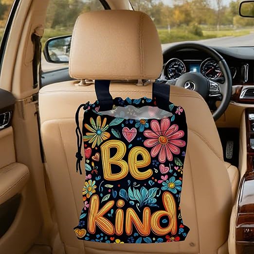Be Kind Car Trash Bag,Watercolor Flowers Strap Drawstring Car Garbage Bags,Car Back Seat Organizer with Adjustable Buckle for Car Accessories