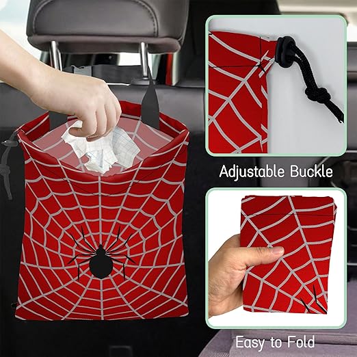 Spider Web Car Trash Bag,Cobweb Trap Hanging Drawstring Car Garbage Bag,Waterproof Canvas Car Back Seat Organizer with Adjustable Buckle,for Vehicles,SUVs,Camping,Road Trips
