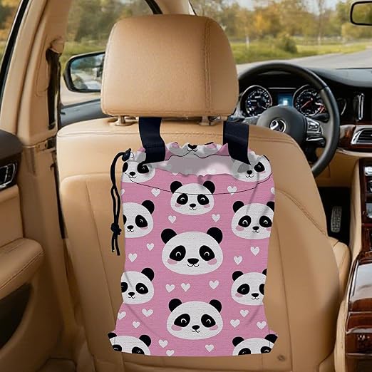 Cute Panda Car Trash Bag, Strap Drawstring Car Garbage Bags,Car Back Seat Organizer with Adjustable Buckle for Car Accessories