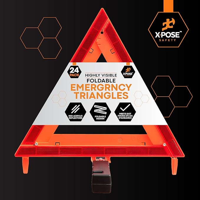 Xpose Safety Reflective Emergency Triangles – 24 Kits (72 Triangles) – DOT Approved Roadside Car Safety Warning Reflectors – Red & Orange Automotive Vehicle Hazard Visibility Markers