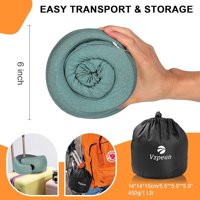 Travel Pillow - Hooded Neck Pillow Airplane Memory Foam Filling for Plane, Office, Cars Sleeping, Road Trip, Long Flights, Portable Plane Accessories, Includes Eye Mask & Earplugs (Green)