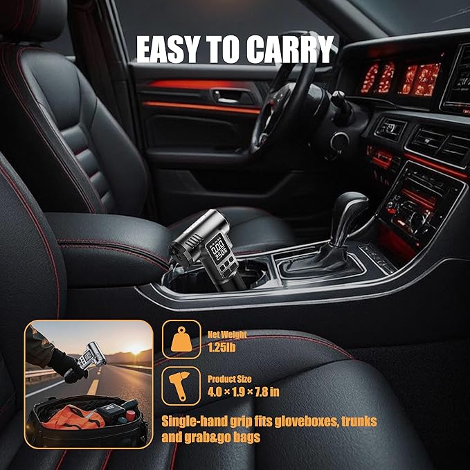 Tire Inflator Portable Air Compressor, Digital Pressure Gauge & Auto Shut-Off, Portable emergency tool as LED light, safety hammer & seatbelt cutter, for Car, Bike, Ball, Motor