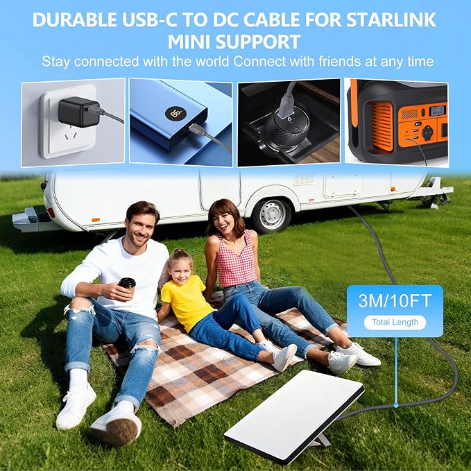 Starlink Mini USB C to DC Power Cable, Compatible with 65W+ Power Bank and PD Charger, Starlink Mini Cable USB Type-C to DC Cord, 18AWG Waterproof, Plug and Play for Outdoor Camping Travel (10FT/3M)