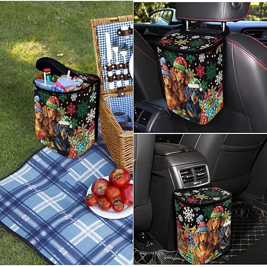 1.2 Gallons Car Garbage Can with Lid, Christmas Dog Trash Bag, Adjustable Hanging for Tail of Console/Back of Seats, Easy to Install, Odor-Free with Zipper Leak-Proof Lid Design