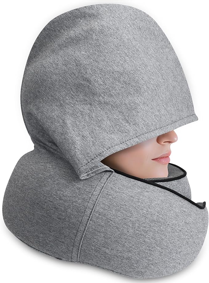 Travel Pillow with Hood (Light Gray) - for Airplane Travel and Car Ride Nap, Foldable Hood, Slow-Rebound Memory Foam, 360 Ergonomic Design, Compact and Portable in Travel Bag