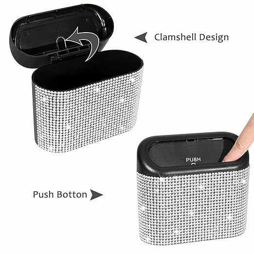 Accmor Bling Car Trash Can with Lid, Mini Auto Garbage Storage Bin with 60pcs Garbage Bags, Sparkling Crystal Trash Bags Holder Dustbin Vehicle Accessories Container Organizer (White Rhinestone)