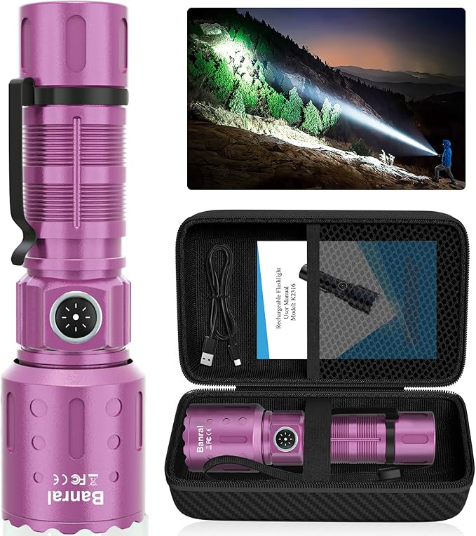 Banral Flashlights High Lumens Rechargeable, Super Bright Long Range Small Powerful Flashlight, 6 Modes LED Tactical Pocket Waterproof Flash Light for Home Emergency (1, Purple)