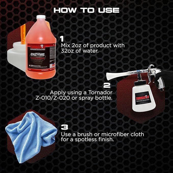 Tornador TC-Enzyme Multi-Purpose Cleaner – 1 Gallon | Enzyme Interior Cleaner for Carpet, Upholstery, Car Detailing Car Cleaning Gun Solution | Odor Control Concentrate