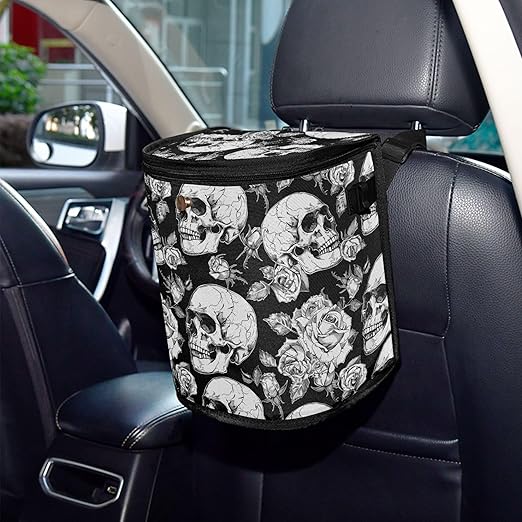 MNSRUU Car Trash Can with Lid, Gothic Skulls and Flowers Car Trash Bag Hanging Organizers and Storage for Front Back Seat, Leak-Proof Trash Bin