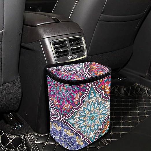Boho Mandala Car Trash Can Leak-Proof Auto Trash Bin Portable Auto Garbage Bag Large Capacity Trashcan Storage Bag Multipurpose Car Organizer Hanging